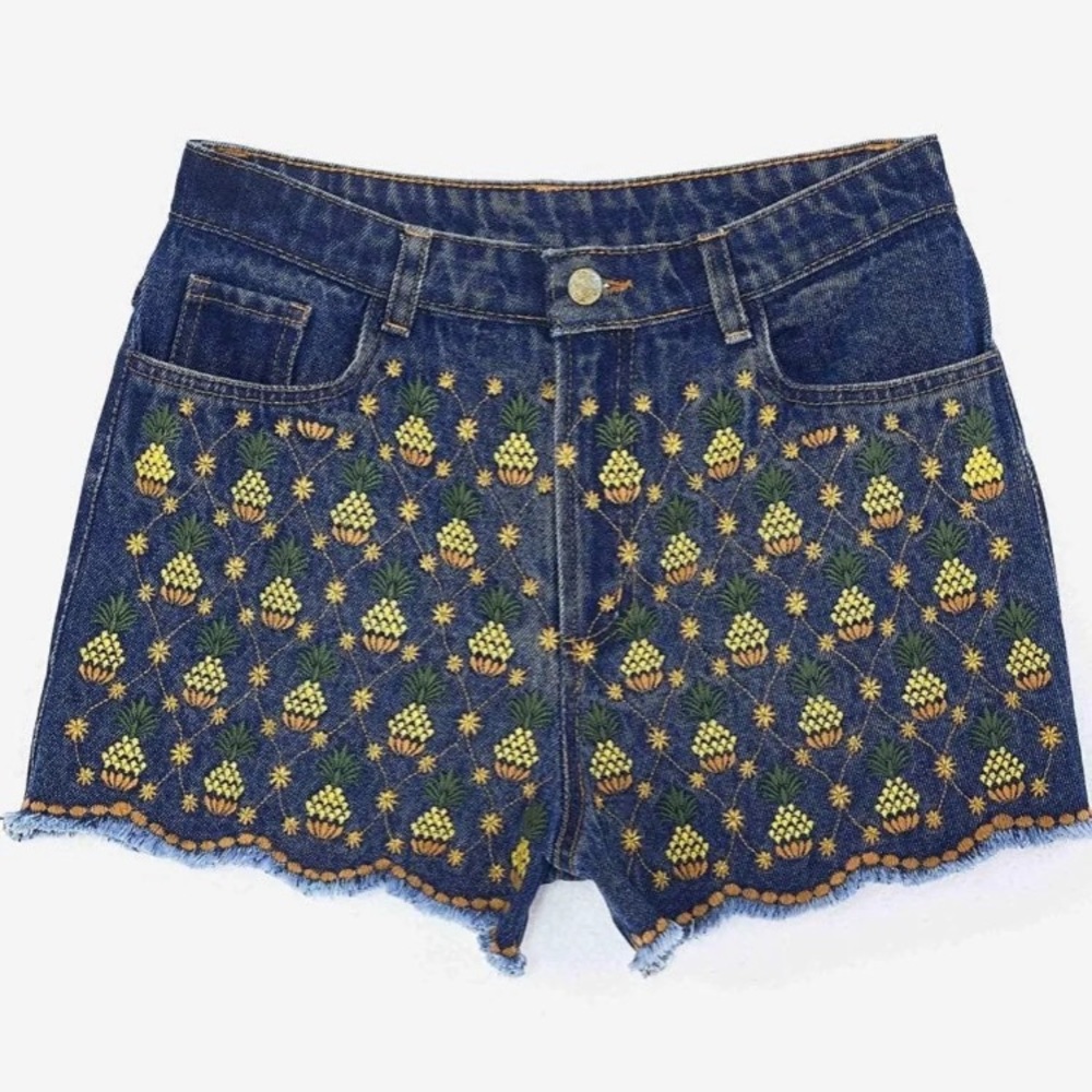 Farm Rio Pineapple Embroided Jean Short